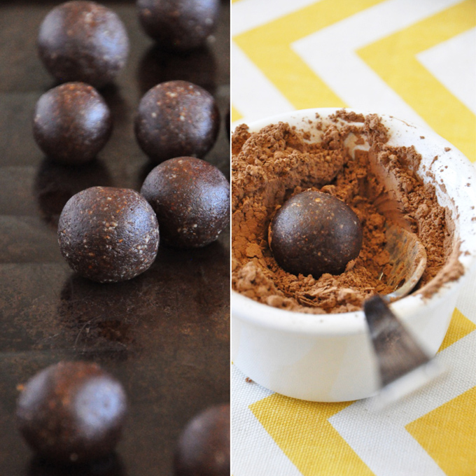 Raw Vegan Truffles via Minimalist Baker Rolling a homemade Raw Mayan Vegan Truffle in cocoa powder