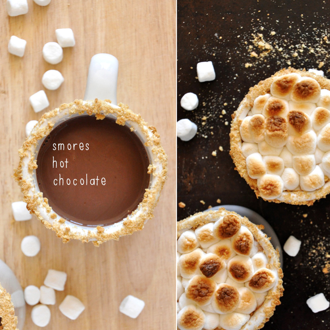 Smores Hot Chocolate || Minimalist Baker Mugs of homemade S'mores Hot Chocolate shown with and without toasted marshmallows on top