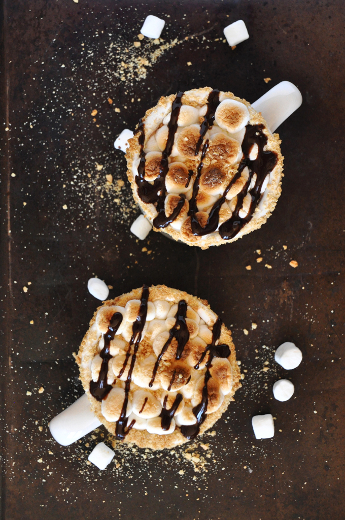 Smores Hot Chocolate minimalistbaker.com Mugs of S'mores Hot Chocolate topped with toasted marshmallows and chocolate sauce
