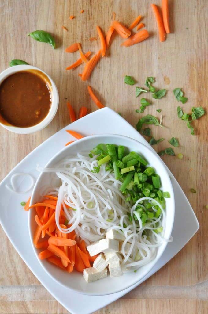Serving of our Veggie and Rice Noodle Bowl recipe with the dressing on the side