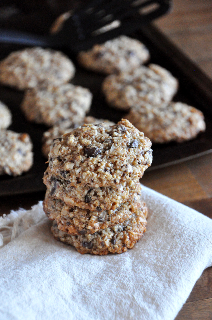 Stack of Chocolate Coconut Almond Meal Cookies with more in the background