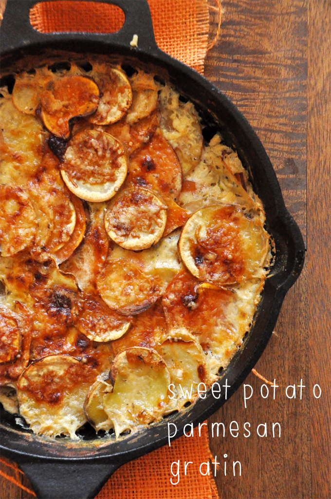 Pan of our simple and delicious Sweet Potato Parmesan Gratin recipe