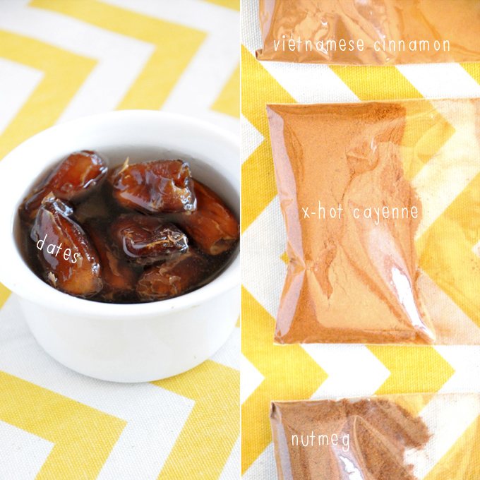 Truffle Ingredients Bowl of dates and bags of spices for making homemade Raw Mayan Vegan Truffles