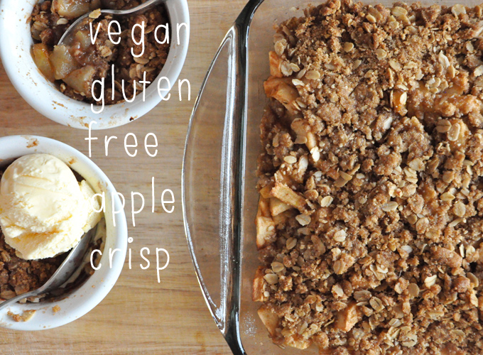 Baking dish and bowls of Gluten-Free Vegan Apple Crisp