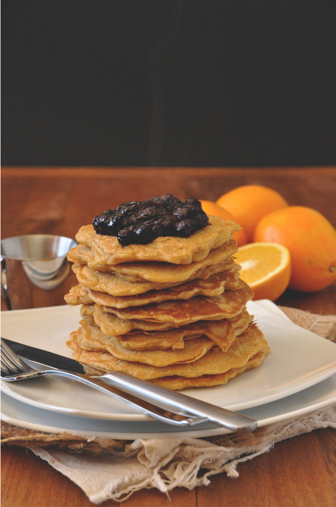 Whole Grain Griddle Cakes with Blueberry Orange Compote Stack of our delicious Whole Wheat Griddle Cakes topped with Blueberry Orange Compote