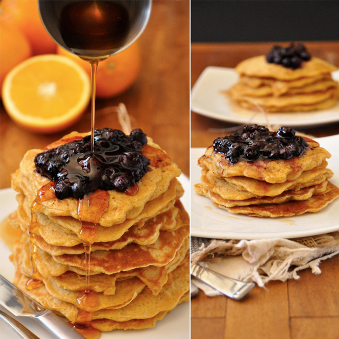 Whole Grain Griddlecakes with Blueberry Orange Compote || minimalistbaker.com Pouring syrup onto Whole Wheat Griddle Cakes topped with Blueberry Orange Compote