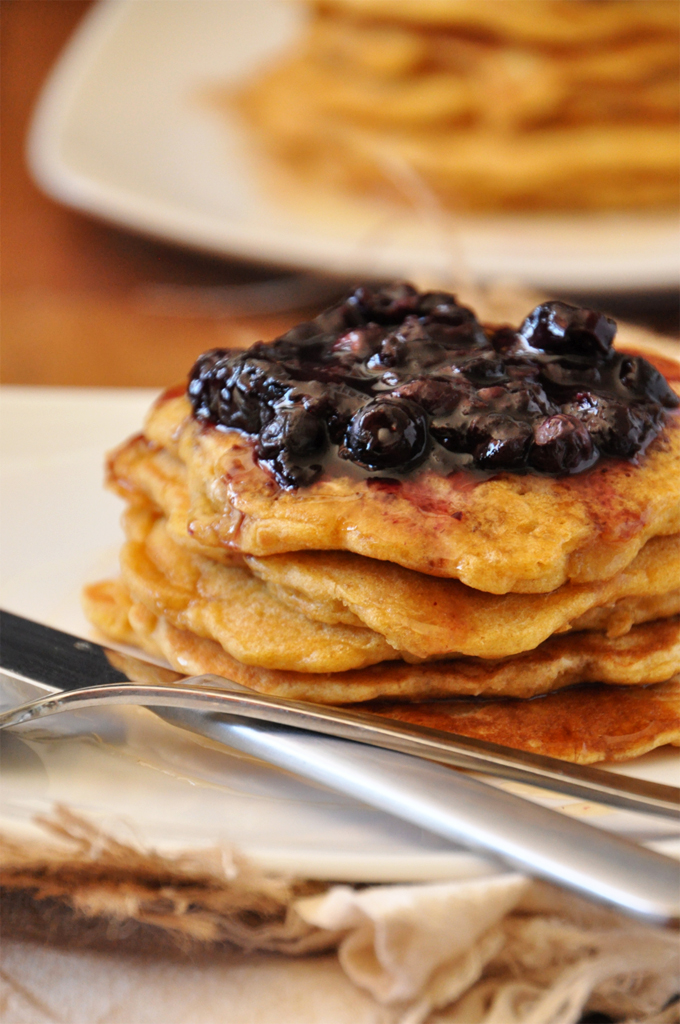 Whole Grain Griddlecakes with Blueberry Orange Compote Two plates of our Whole Wheat Griddle Cakes with Blueberry Orange Compote recipe