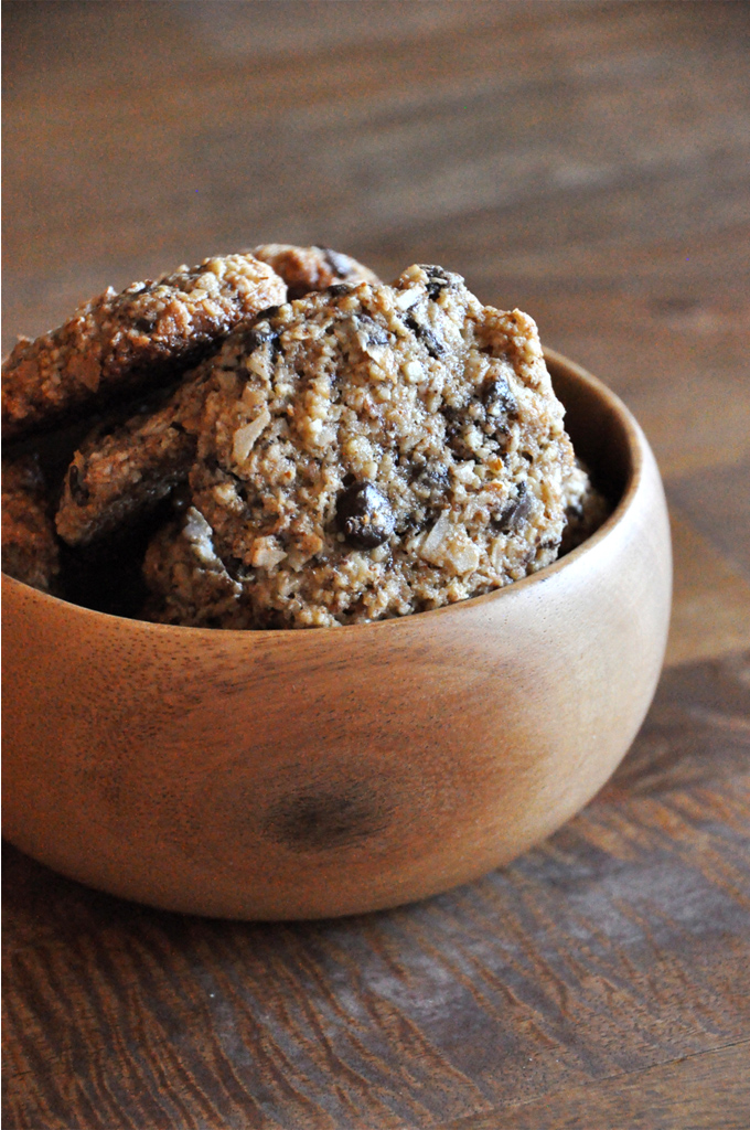 Bowl of simple gluten-free vegan Coconut Chocolate Chip Almond Meal Cookies