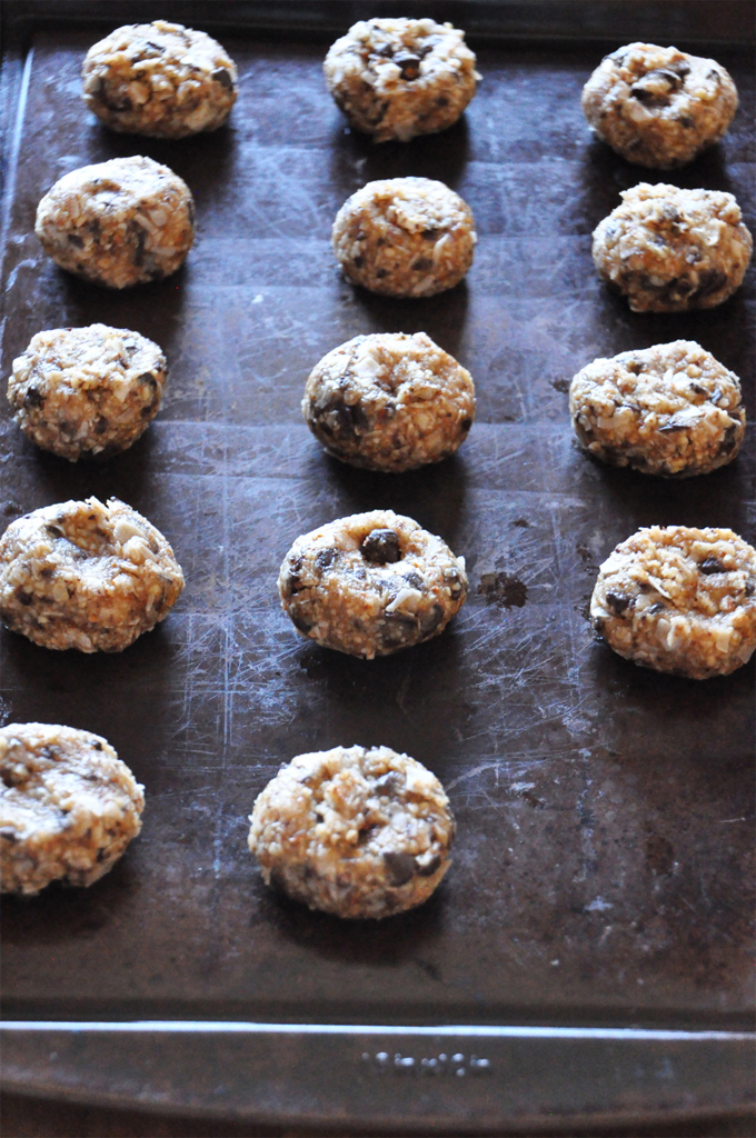 Baking sheet with a batch of Almond Meal Cookie ready to go in the oven