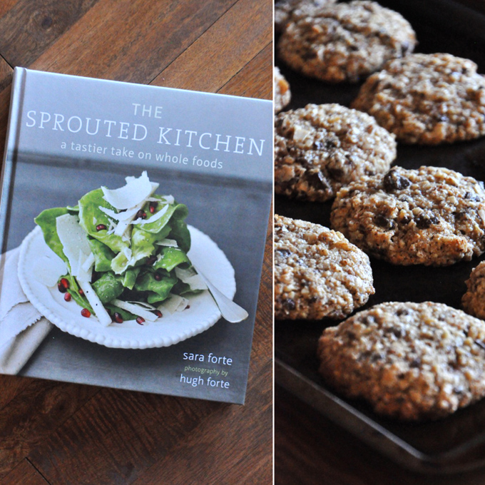 The Sprouted Kitchen cookbook and a batch of Coconut Chocolate Chip Almond Meal Cookies adapted from the cookbook