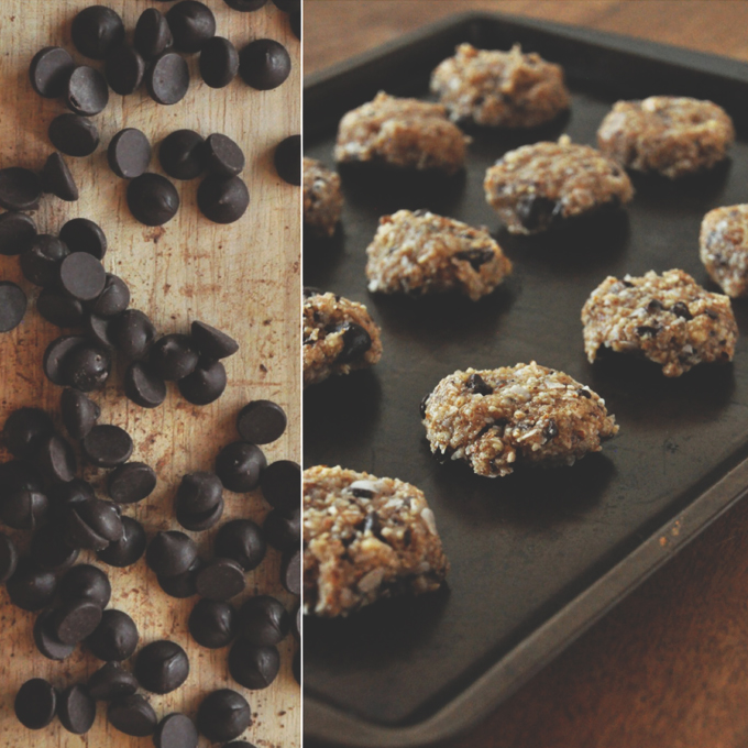 Chocolate chips and a baking sheet with a batch of our Gluten-Free Bourbon Caramel Samoas