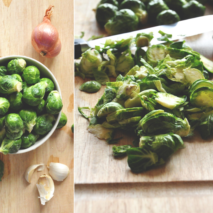 Brussels Sprouts Dip! Cutting board with Brussels Sprouts and other ingredients for making healthy shallot dip