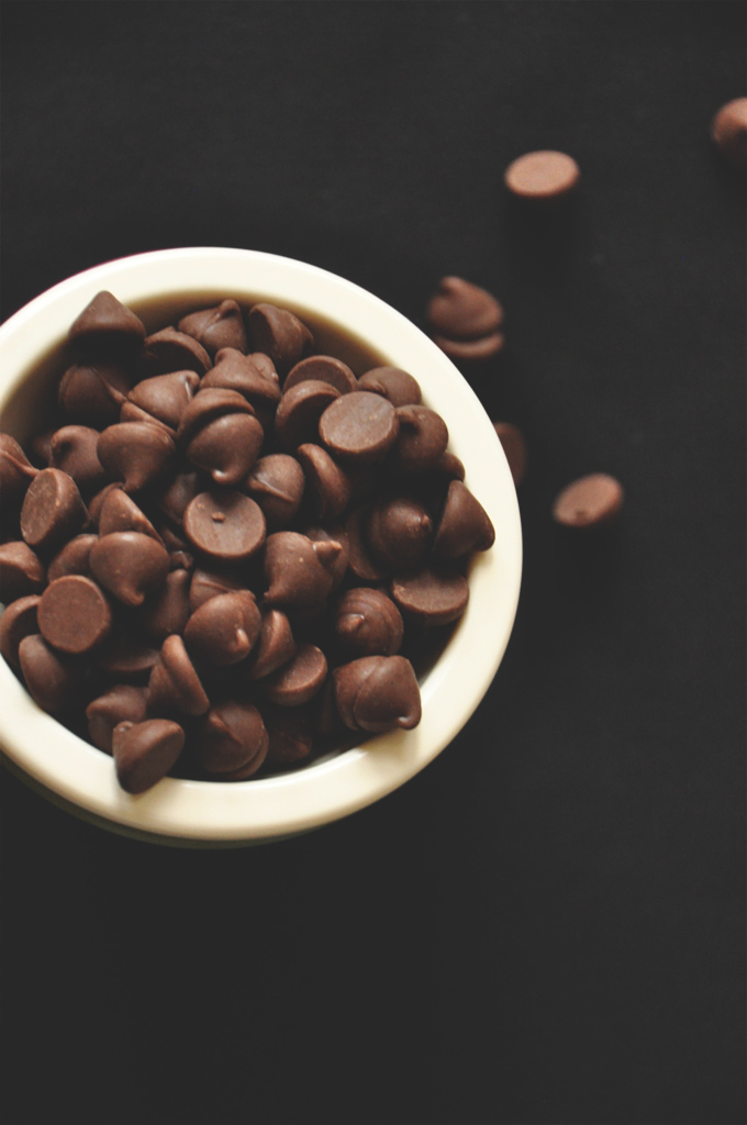 Bowl of chocolate chips for making homemade Double Chocolate Peppermint Cookies