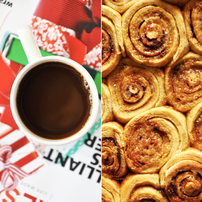 Christmas Morning Cinnamon Rolls Mug of coffee and batch of Overnight Honey Wheat Cinnamon Rolls