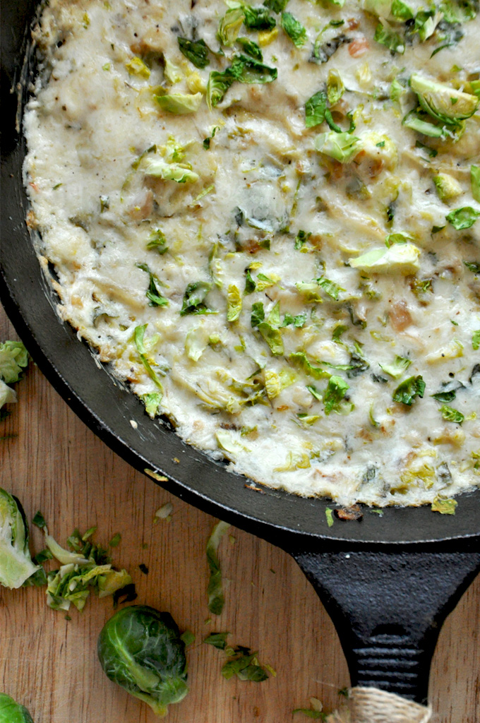 Creamy Brussels Sprout Dip | minimalistbaker.com Pan filled with our cheesy and Creamy Brussels Sprout & Shallot Dip