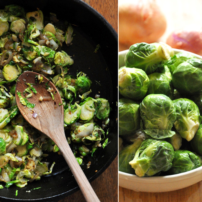 Creamy Brussels Sprouts Dip || Minimalist Baker Bowl of Brussels Sprouts alongside a pan for cooking Creamy Brussels Sprout & Shallot Dip