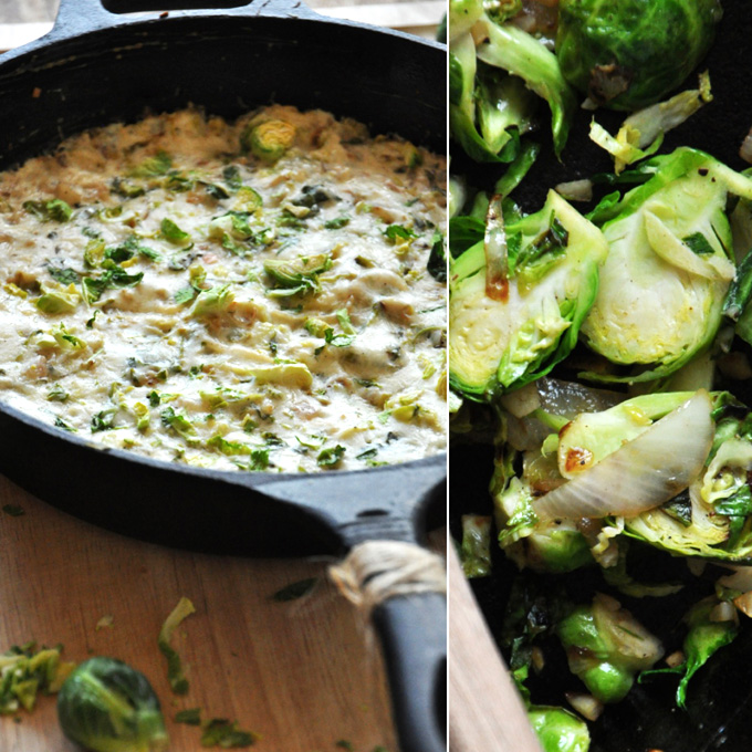 Creamy Brussels Sprouts Dip! Pan of Creamy Brussels Sprout & Shallot Dip for a delicious crowd-pleasing appetizer