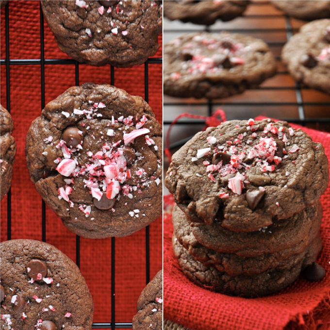 Cooling rack and stack of Chewy Double Chocolate Peppermint Cookies topped with crushed candy cane