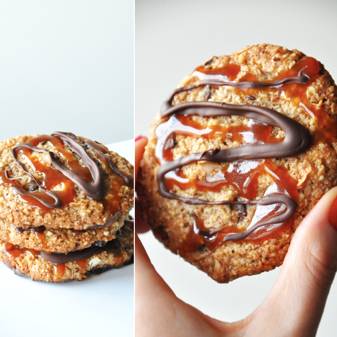 Two photos of the delicious chocolate and caramel drizzle on our Gluten-Free Samoa Cookies recipe