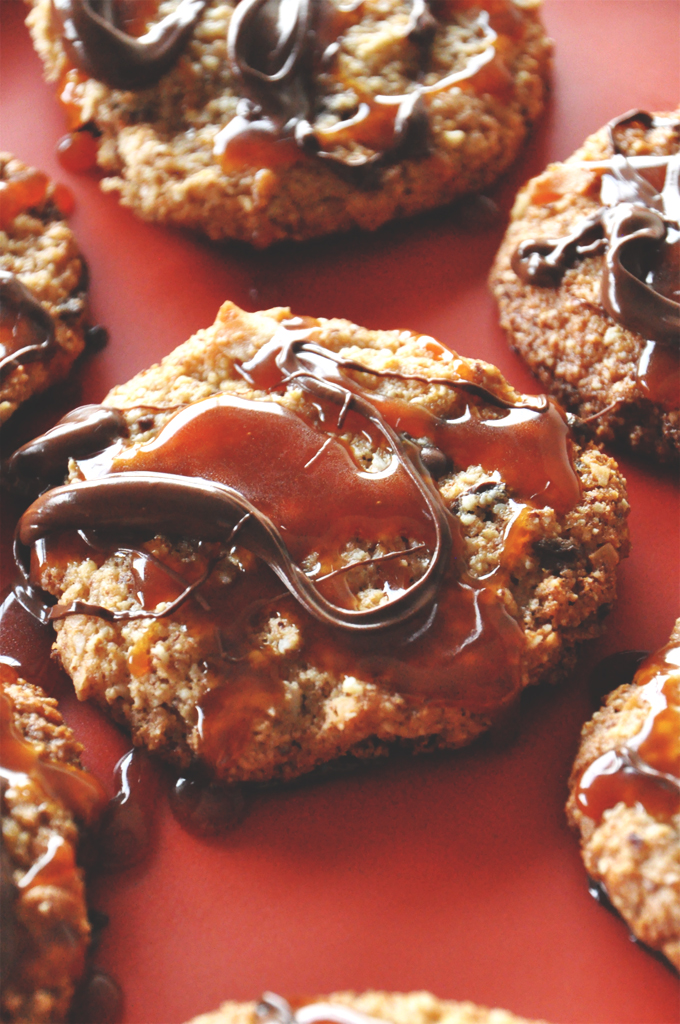 Close up shot of Gluten-Free Bourbon Caramel Samoas
