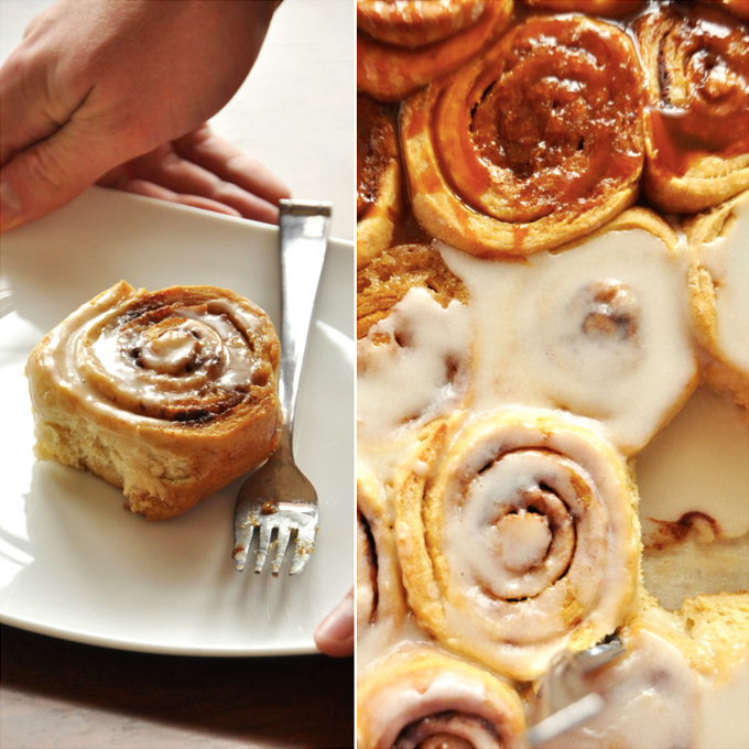 Overnight Cinnamon Rolls! Plate and baking pan filled with Overnight Honey Wheat Cinnamon Rolls