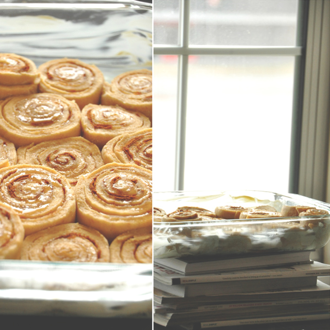 Overnight Cinnamon Rolls Baking pan filled with a batch of Overnight Honey Wheat Cinnamon Rolls for Christmas morning