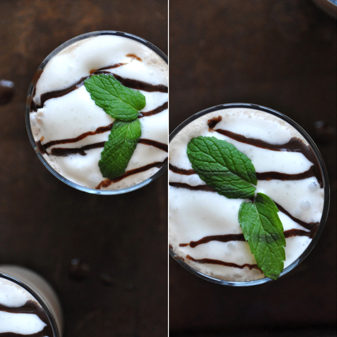 Top down shot of glasses of our Peppermint Mocha Frappe recipe topped with fresh mint leaves