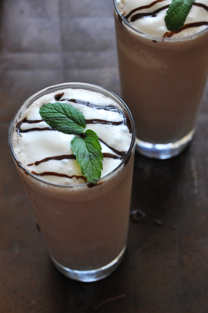 Two glasses of our homemade gluten-free vegan Peppermint Mocha Frappe recipe