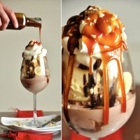 Drizzling homemade Bourbon Caramel Sauce onto a sundae