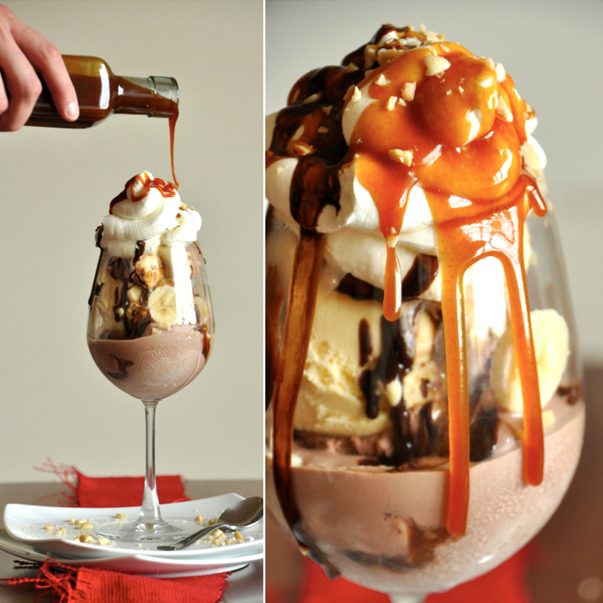 Drizzling our homemade Bourbon Caramel Sauce onto a sundae