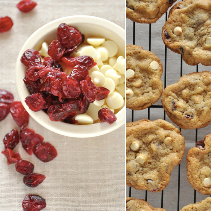 White Chocolate Cranberry Cookies Bowl of white chocolate chips and dried cranberries alongside a cooling rack of freshly baked cookies