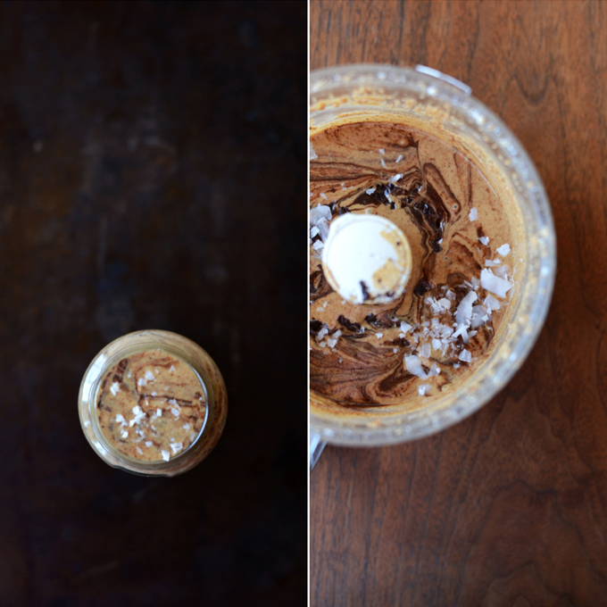 Food processor and jar filled with a batch of our Almond Joy Nut Butter Spread recipe