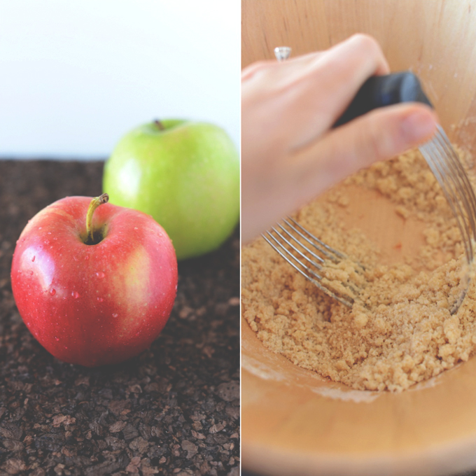 Fresh apples and using a pastry cutter to make streusel