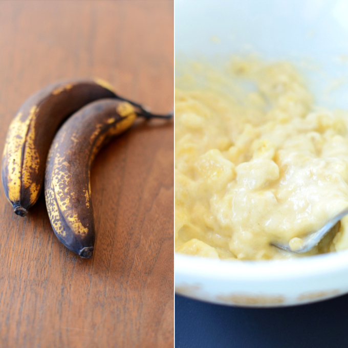 Fresh bananas and a bowl of mashed bananas for making Banana Bread Bites