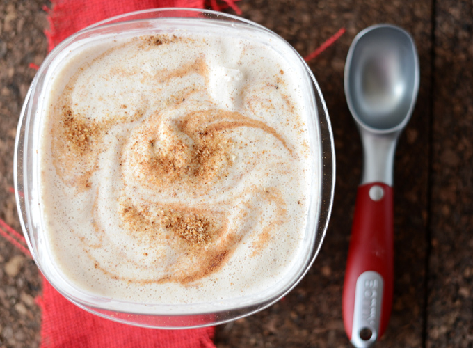 Ice cream scooper alongside a tub of Cinnamon Toast Coconut Ice Cream