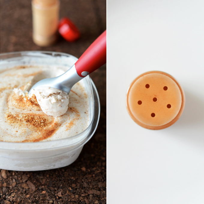 Jar of cinnamon and tub of homemade dairy-free Cinnamon Toast Ice Cream
