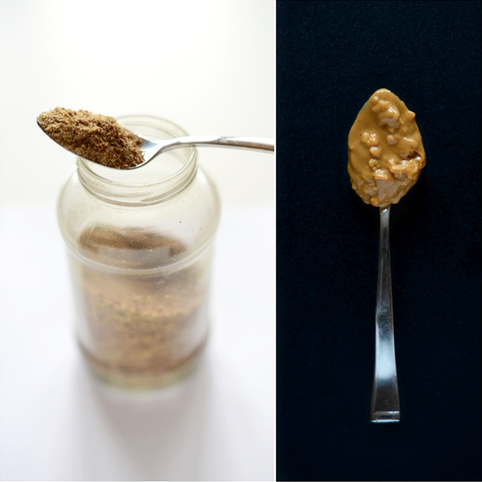 Spoonfuls of flaxseed meal and peanut butter for making healthy pancakes