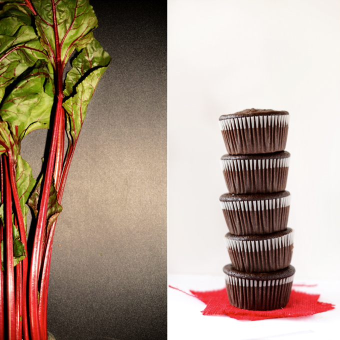 Fresh beet greens and a stack of dairy-free Fudgy Beet Cupcakes