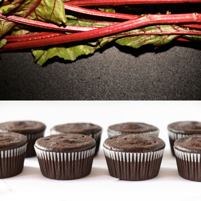 Showing the beautiful stems of beets and a batch of brownies made with them