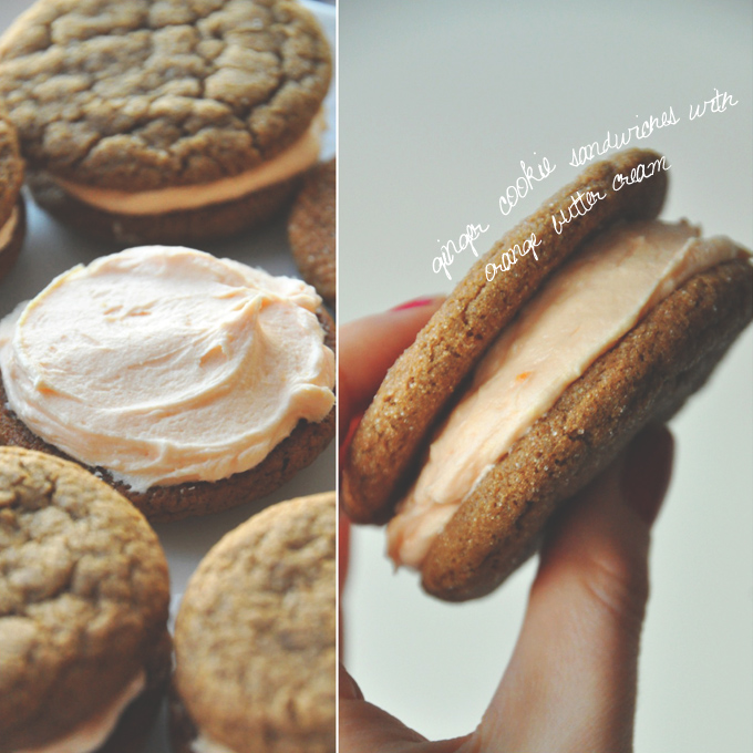 Holding up a homemade Ginger Cookie Sandwich stuffed with Orange Buttercream