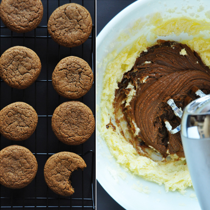 Cooling rack of Ginger Cookies and bowl of Orange Buttercream for going in them