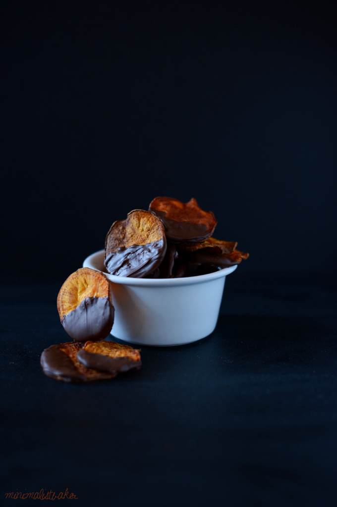 Bowl of homemade Dark Chocolate Dipped Sweet Potato Chips