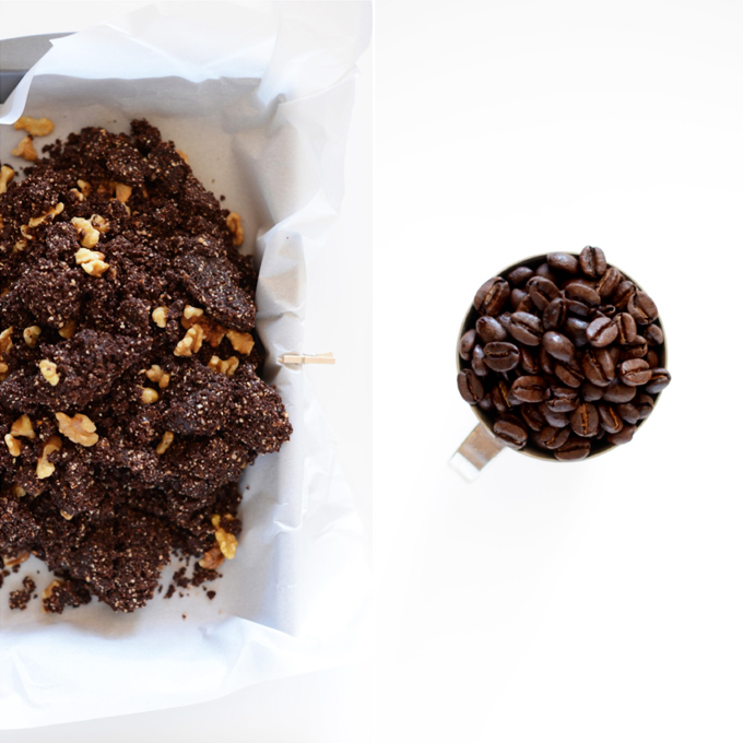 Coffee beans and a parchment-lined pan with a batch of our Raw Espresso Brownies