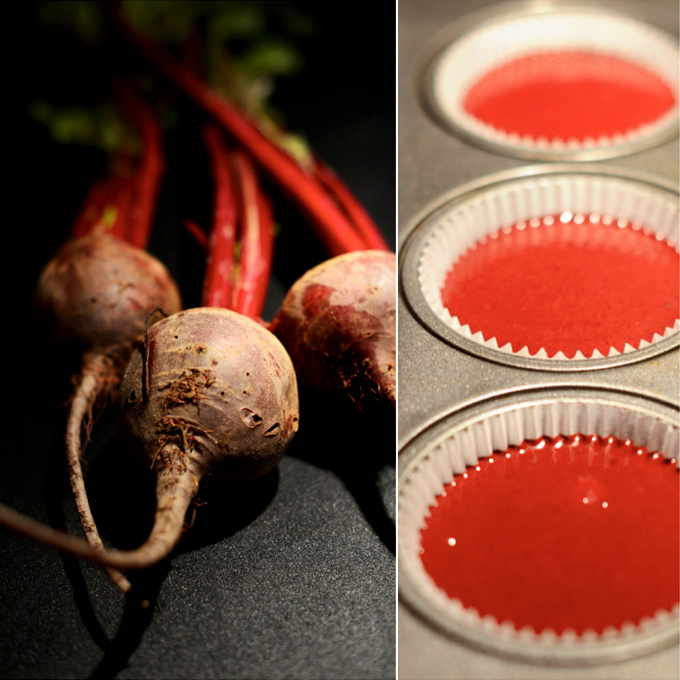 Fresh beets and muffin tin filled with Vegan Beet Cupcake batter