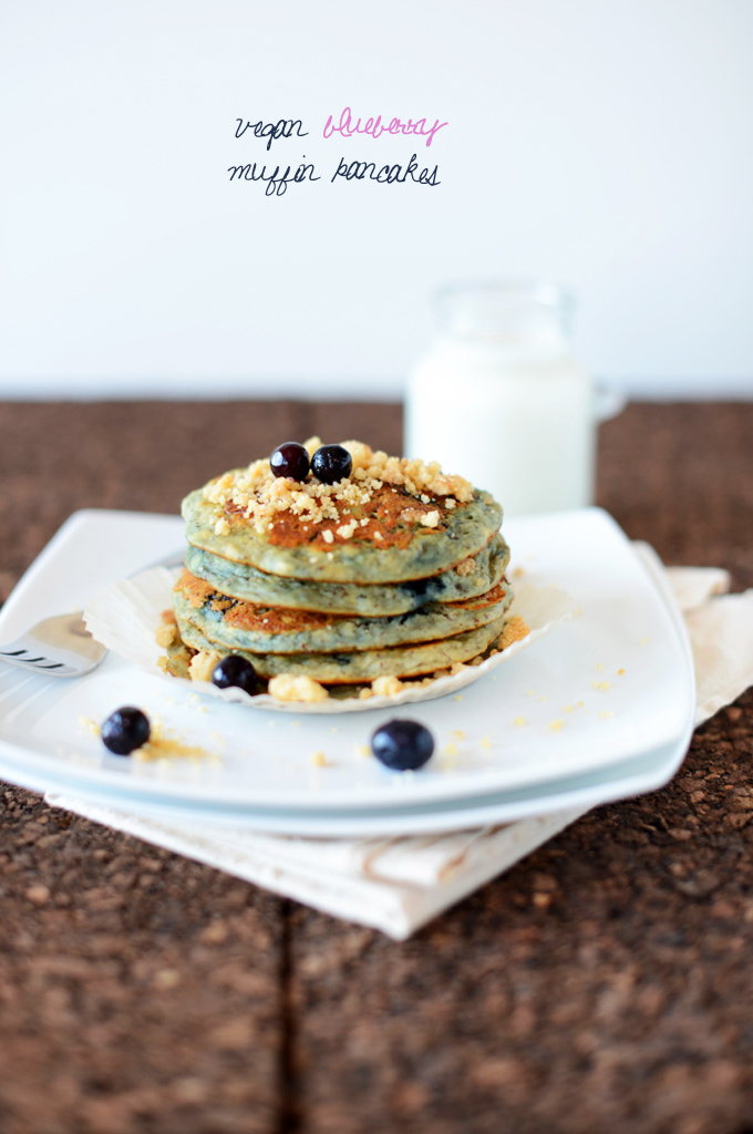 Stack of our Blueberry Muffin Pancakes recipe for a delicious vegan breakfast