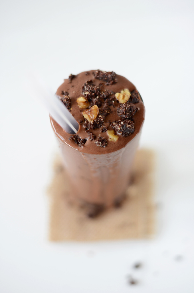 Overflowing glass of homemade Vegan Brownie Batter Blizzard