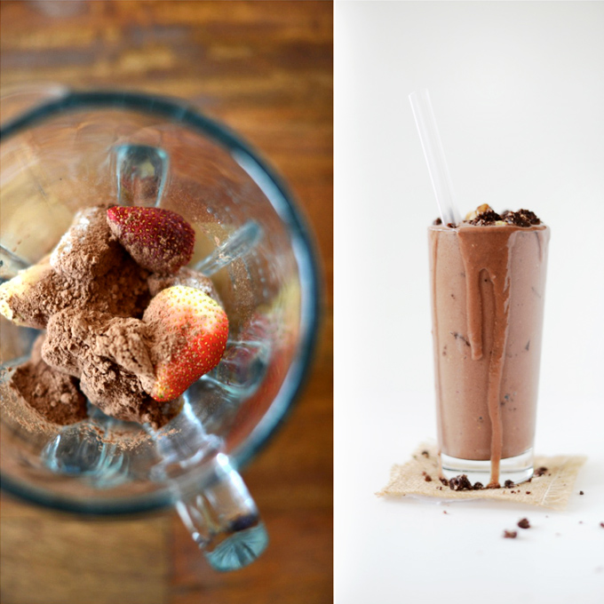 Blender and glass filled with our Vegan Brownie Batter Milkshake recipe