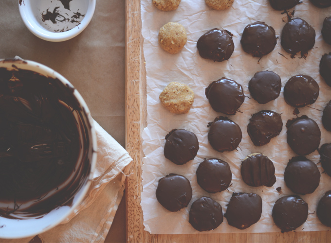 Batch of Vegan Peanut Butter Patties dipped in dark chocolate