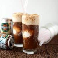 Straws, cans of natural root beer, and two glasses of our Vodka & Coconut Ice Cream Root Beer Floats recipe