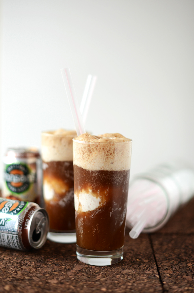 Two glasses of Vodka Root Beer Floats made with natural root beer